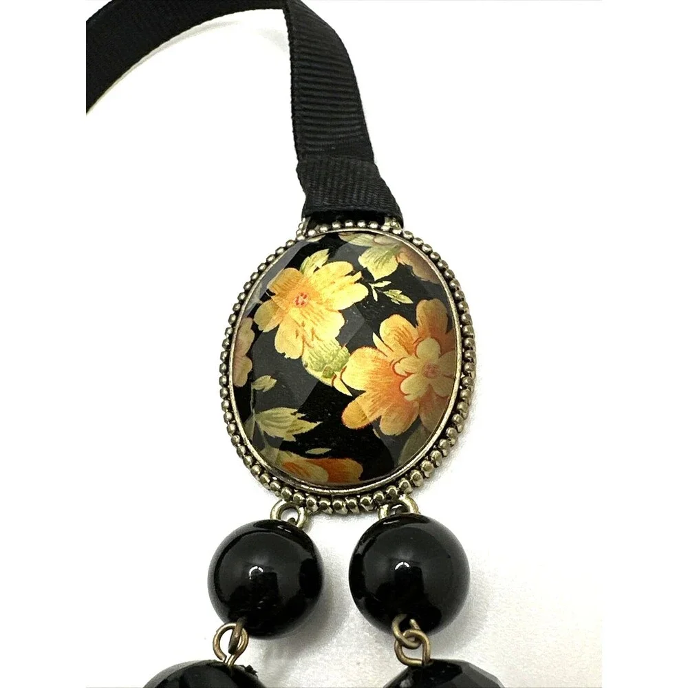 1928 Brand Black Gold Bead Necklace Faceted Floral Cabochon Ribbon Statement 24